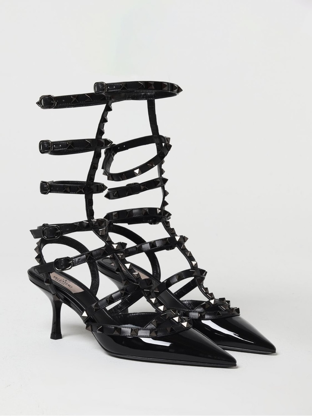 Valentino Garavani Black Patent Leather Rockstud Strappy Pointed-Toe Heels